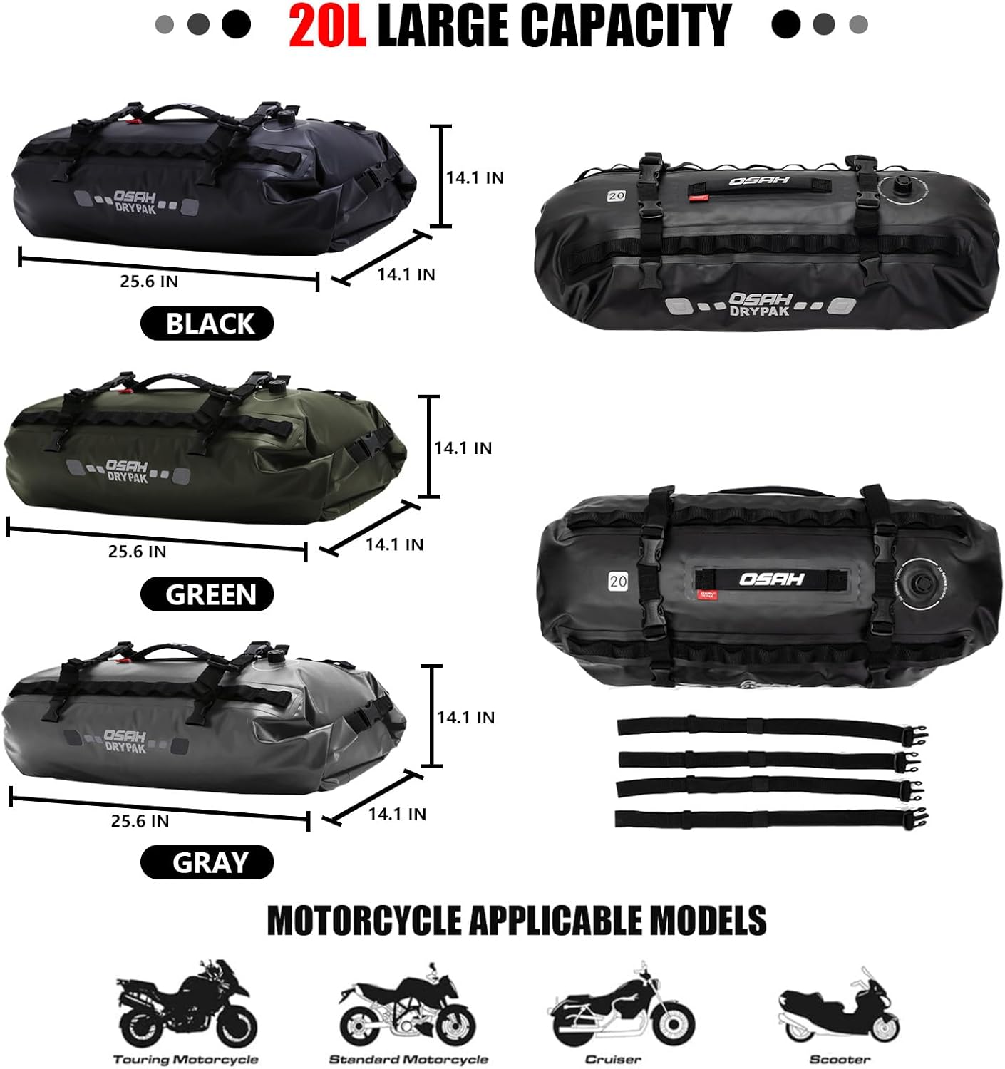 Waterproof Duffel& Luggage Bag - Motorcycle Dry Bag Tail Saddle Bags with Roll Top Closure,Large Storage Space,for Camping, Kayaking, Fishing & Traveling(Grey, 20L)