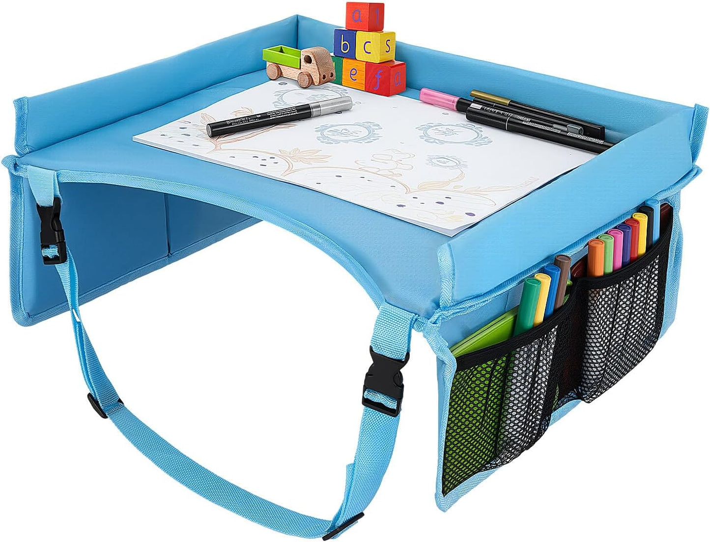 Children Auto Lap Pad - Travel Tray Tablet Holder，Car Seat Lap Tray for Toddlers, Kids，Use on Airplanes, Road Trips, Lap Desk，Tablet Holder and Carry Bag (Blue)