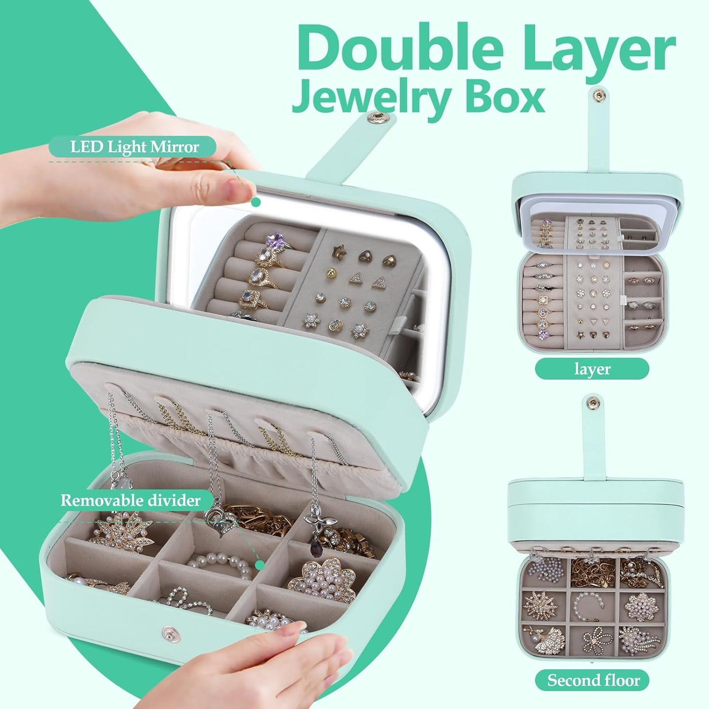 Travel Jewelry Case with LED Lighted Mirror, Personalized Birthday Gifts for Women Girls Kids, 2-Layer Portable Travel Jewelry Organizer, Travel Essentials (Cyan Blue)