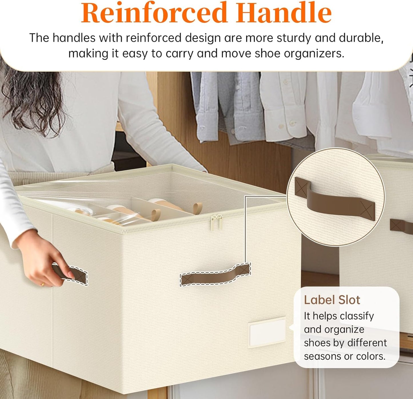 Shoe Organizer for Closet, 2 Pack Shoe Organizer with Clear Cover, Closet Shoe Storage Containers w/Adjustable Dividers, Foldable Storage Bins for Shoes, Fits 16-32 Pairs, Beige