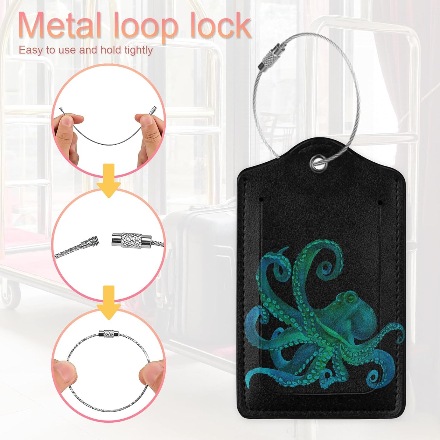 2 Pack PU Leahter Luggage Tag with Stainless Steel Loop,Green Octopus Luggage Tag Travel Suitcase Labels with Privacy Cover ID Label Quickly Spot for Bags & Baggage