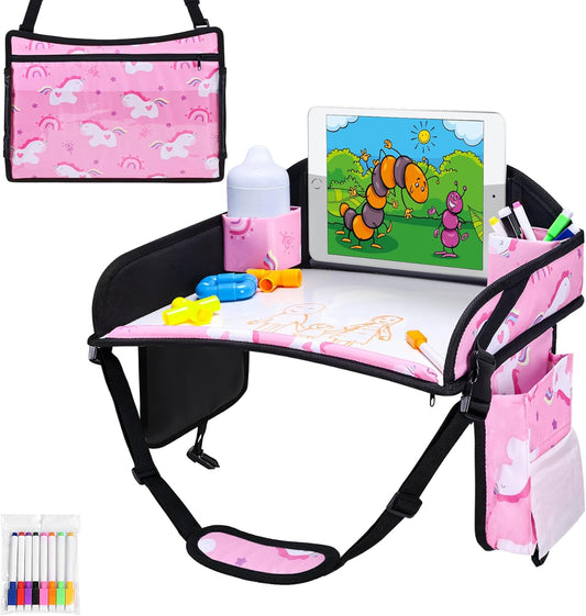 Kids Travel Tray, Travel Tray for Kids Car Seat, Toddler Car Seat Lap Tray, Carseat Tray for Kids Travel, Carseat Table Tray for Kids Travel Activities (Dark Pink)