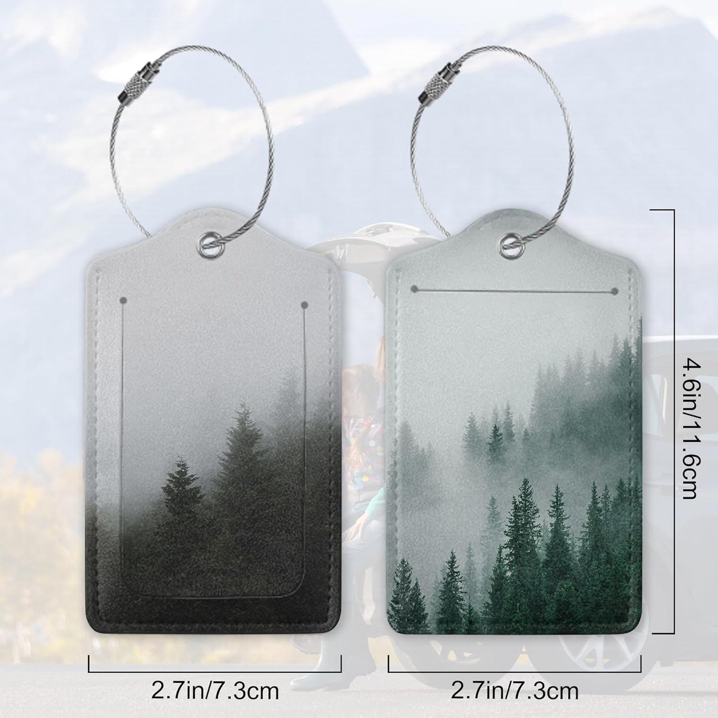Misty Foggy Mountain 2 PCS Luggage Tags, Privacy Cover ID Label with Stainless Steel Loop and Address Card for Travel Bag Suitcase