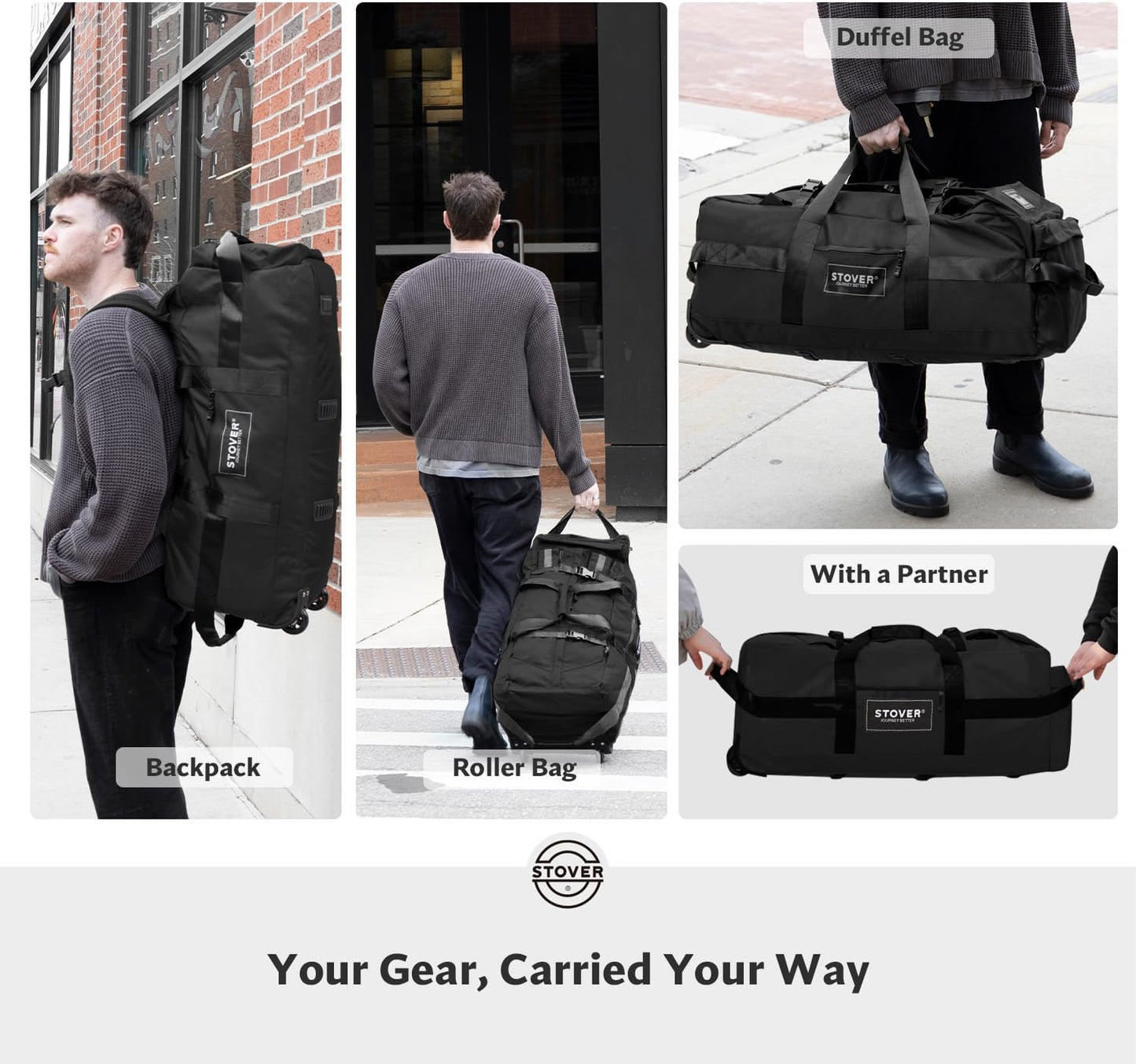 STOVER 100L Rolling Duffel Bag with Wheels, X-Large 32 Inch Durable Travel Duffle + Toiletry Bag, Heavy Duty, Packable w/Shoulder Straps- Use as Luggage or Backpack, Men/Women (Black)