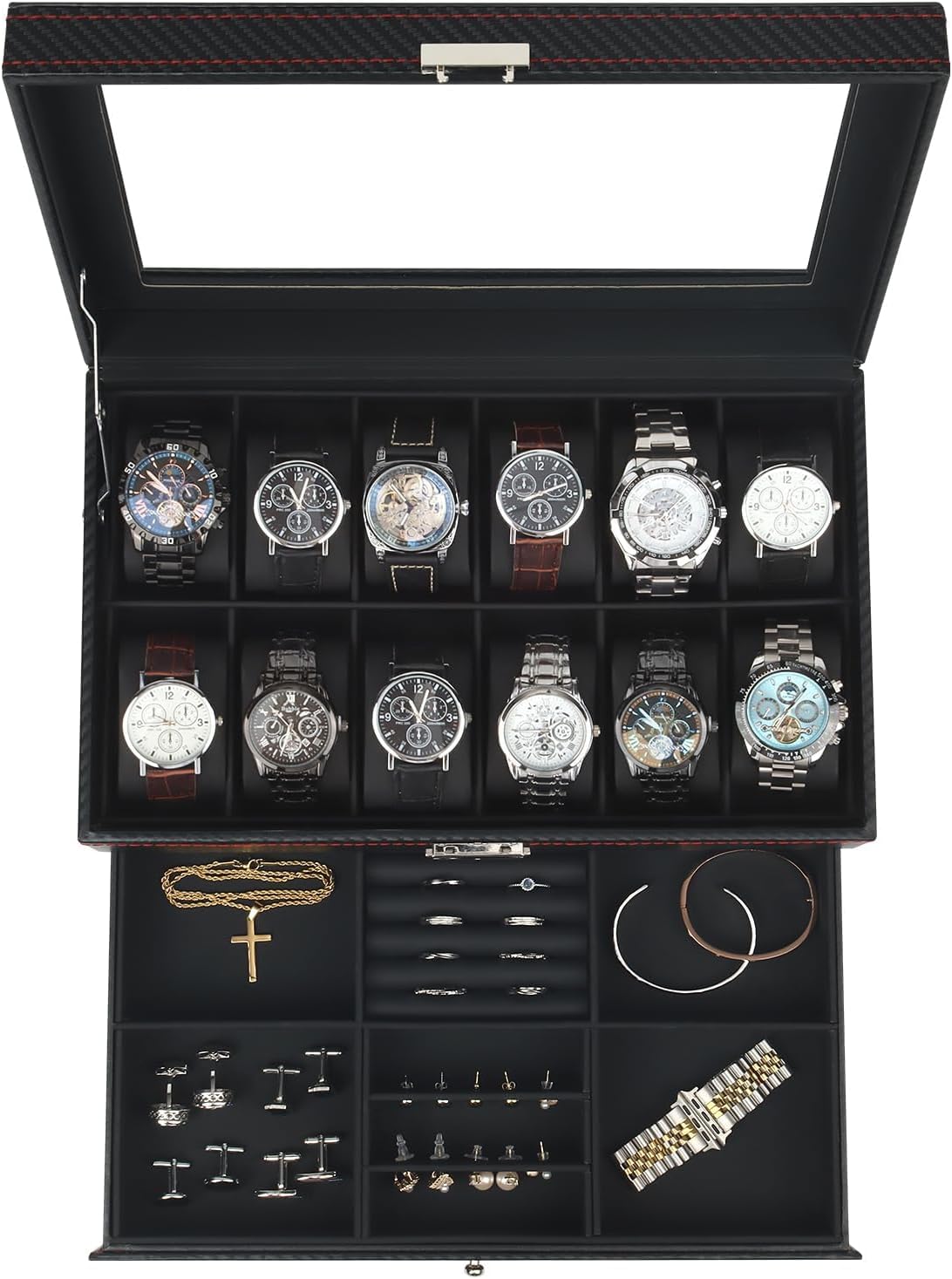 Watch Box Jewelry Organizer, 12-Slot 2-Layer Watch Case Storage with Large Glass Lid, Watch Storage Case for Men with Lock, Watch Holder Display Case, Gift for Men Women