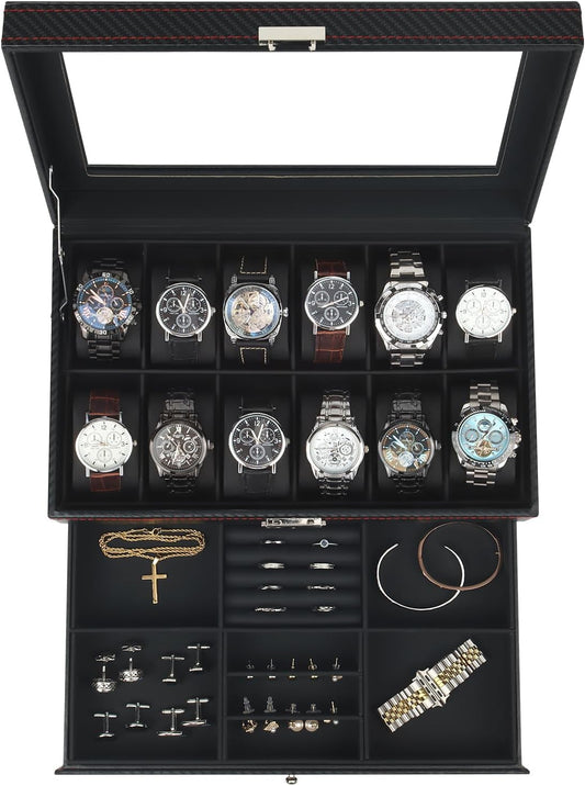 Watch Box Jewelry Organizer, 12-Slot 2-Layer Watch Case Storage with Large Glass Lid, Watch Storage Case for Men with Lock, Watch Holder Display Case, Gift for Men Women