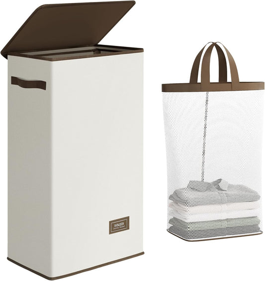 SOLEDI Slim Laundry Hamper with Lid, Narrow Laundry Basket with Removable Bags, Dirty Clothes Hamper with handle, Small Hamper perfect for Laundry room, Bathroom, Bedroom, Small spaces. 70L Beige