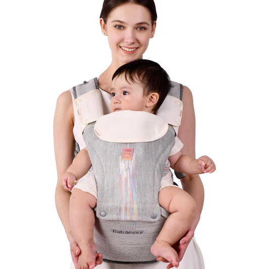 Bebamour Baby Carrier Newborn to Toddler with Hip Seat Baby Carrier Front and Back Carry Carrier with Head Hood, 3 PCS Teething Pads,Storage Bag (Gray-Knit)