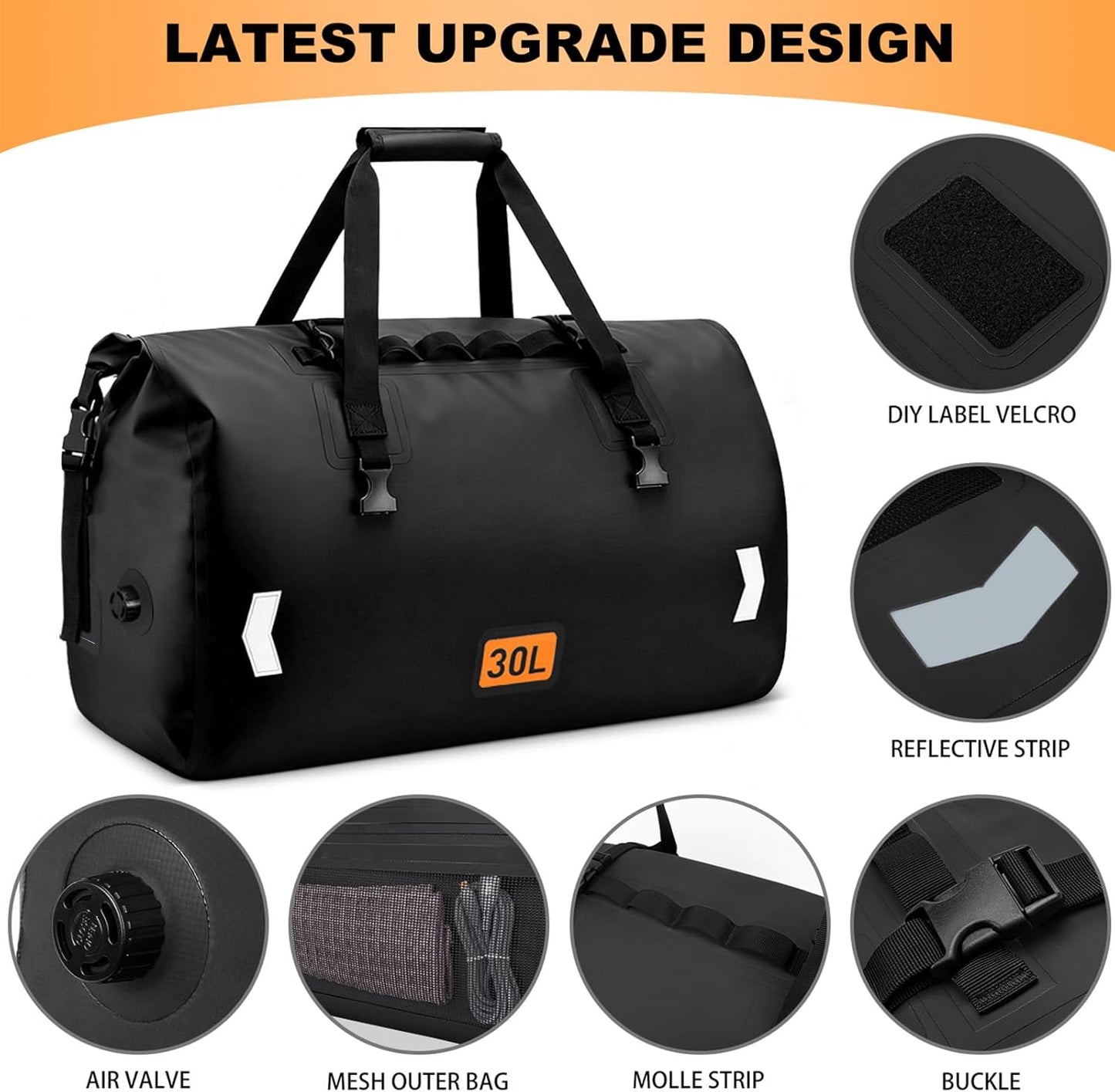 Waterproof Duffel Bag, 30L Roll-top Motorcycle Dry Bag with Air Valve & Quick-fixed Straps, Travel Duffle Bags for Kayaking Paddle Boarding Rafting Boating Camping Riding Fishing - Black