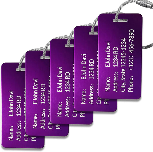 (5Pack Made in USA) Custom Personalized Luggage Tags-Customized Unique tag for Suitcase Backpack Travel,Bags (Purple (3.8×2))