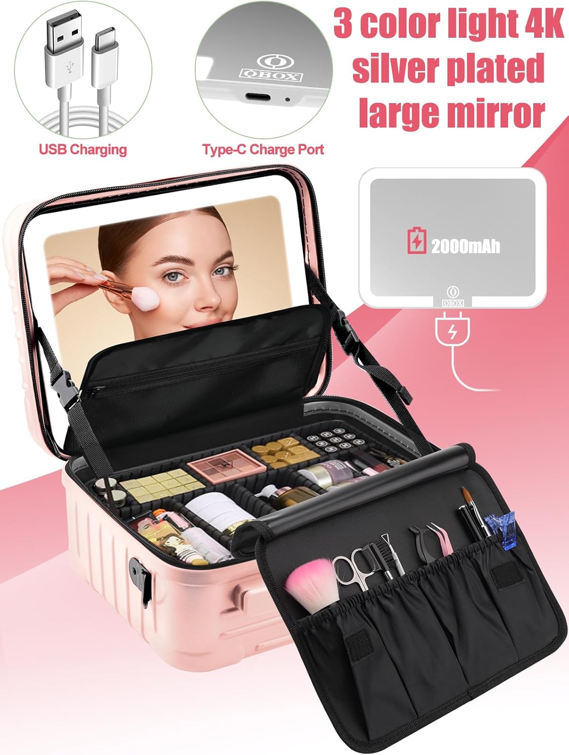 Kalolary Travel Makeup Train Cases,Makeup Bag with 3 Color Lighted Mirror Cosmetic Case Organizer Bag with Adjustable Dividers & Shoulder Strap 3 Layer Portable Makeup Storage Box for Women,Pink