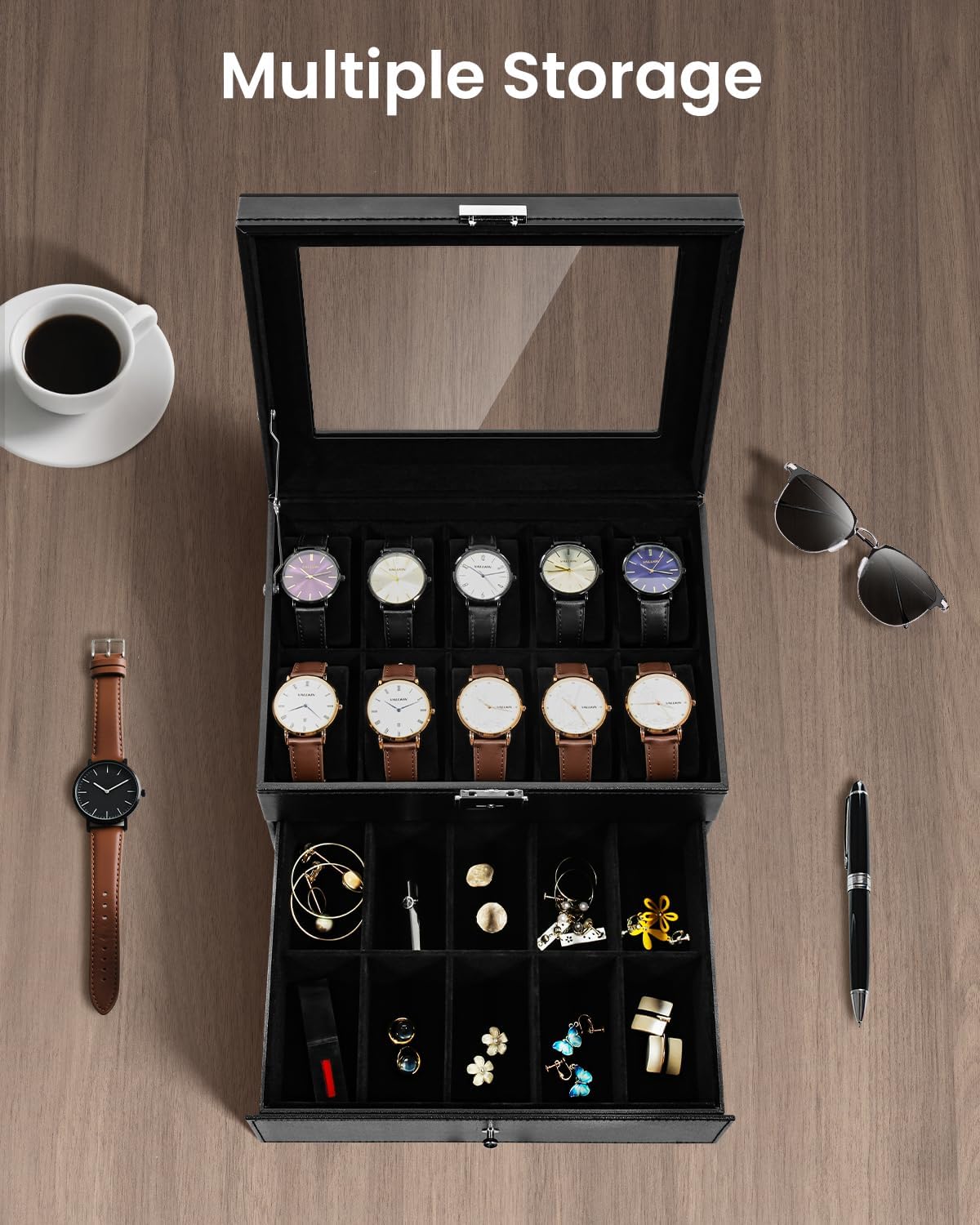 Uten 20-Slot Watch Box, 2-Layers PU Leather Watch Case with Glass Lid, Watch Holder Organizer with Soft Pillow and Velvet Lining, Watch and Jewelry Storage Box, Black