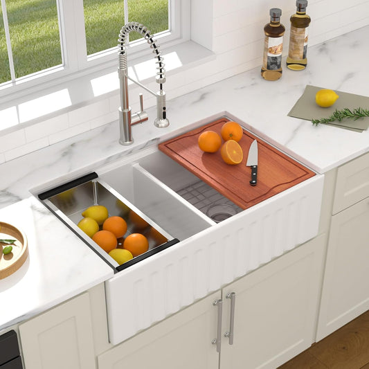 Dcolora Farmhouse Sink Double Bowl, White Kitchen Sink 33 Inch Farm House Workstation Ceramic Apron Front Country Sinks #DC-A8879, 33"x20"x10"