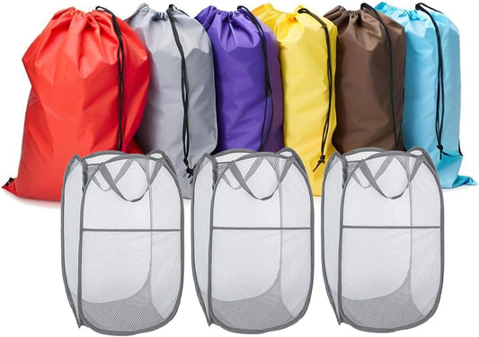 Pop Up Hampers 3 Pack with Extra Large Laundry Bags 6 Pack, Varied Colors Travel Laundry Bags 30"x40", Foldable Mesh Laundry Basket, for college dorm and apartment dwellers (9PCS)