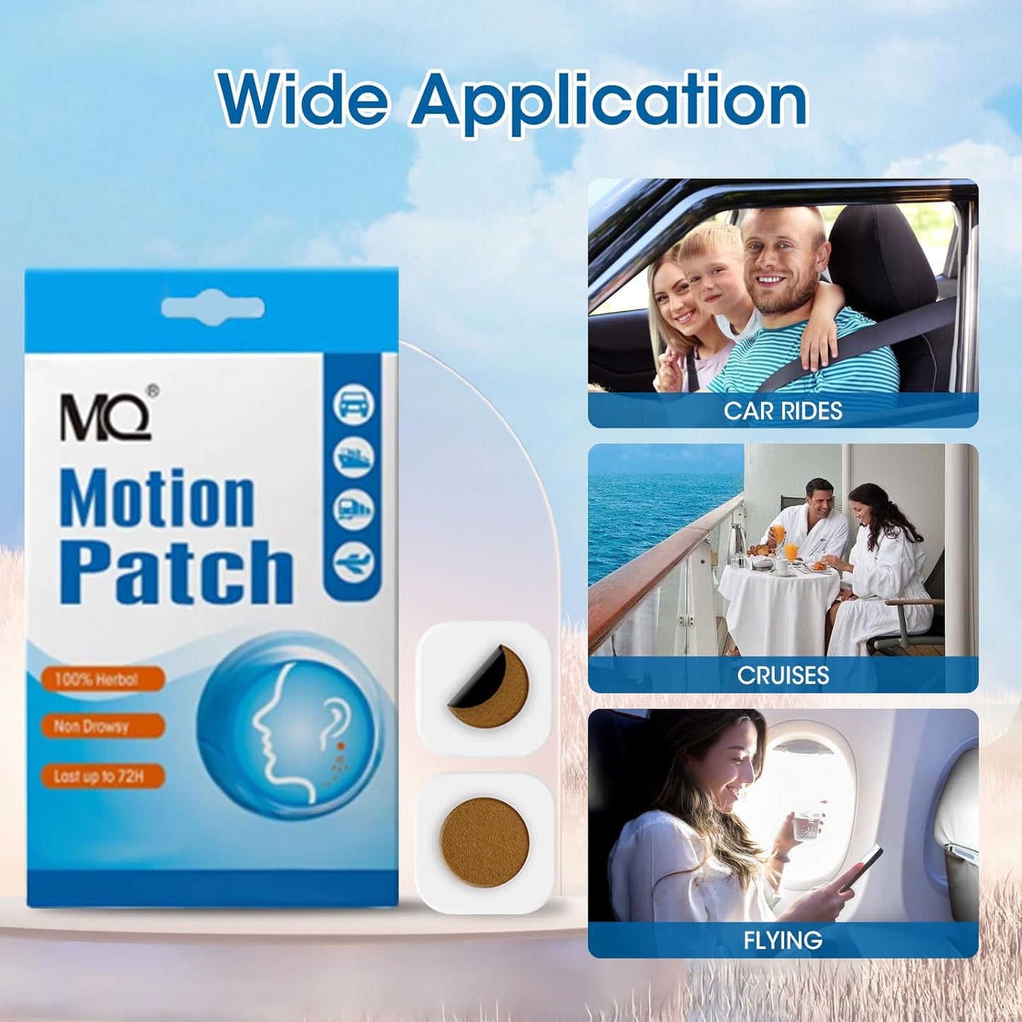 MQ Motion Sickness Patch,60 Count, Sea Sickness Patches Behind Ear for Cruise Ship Travel, Waterproof Car Sickness Patches Fast Acting & Long Last 72H