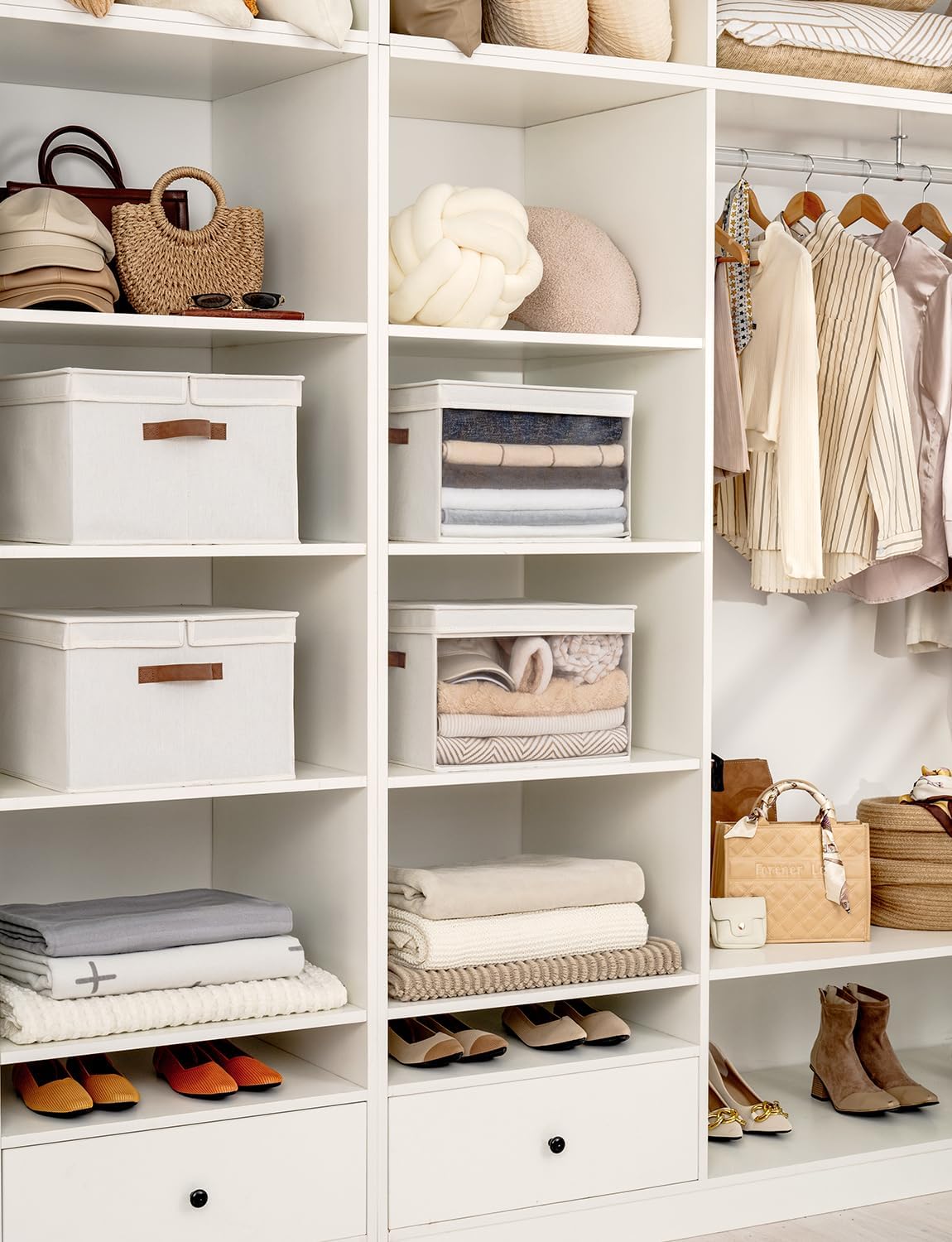 StorageWorks Storage Bins with Lid and Clear Window, Fabric Storage Boxes with Lids, Stackable Basket for Shelves, Closet Organizer and Storage Bins, Beige, Jumbo, 4-Pack