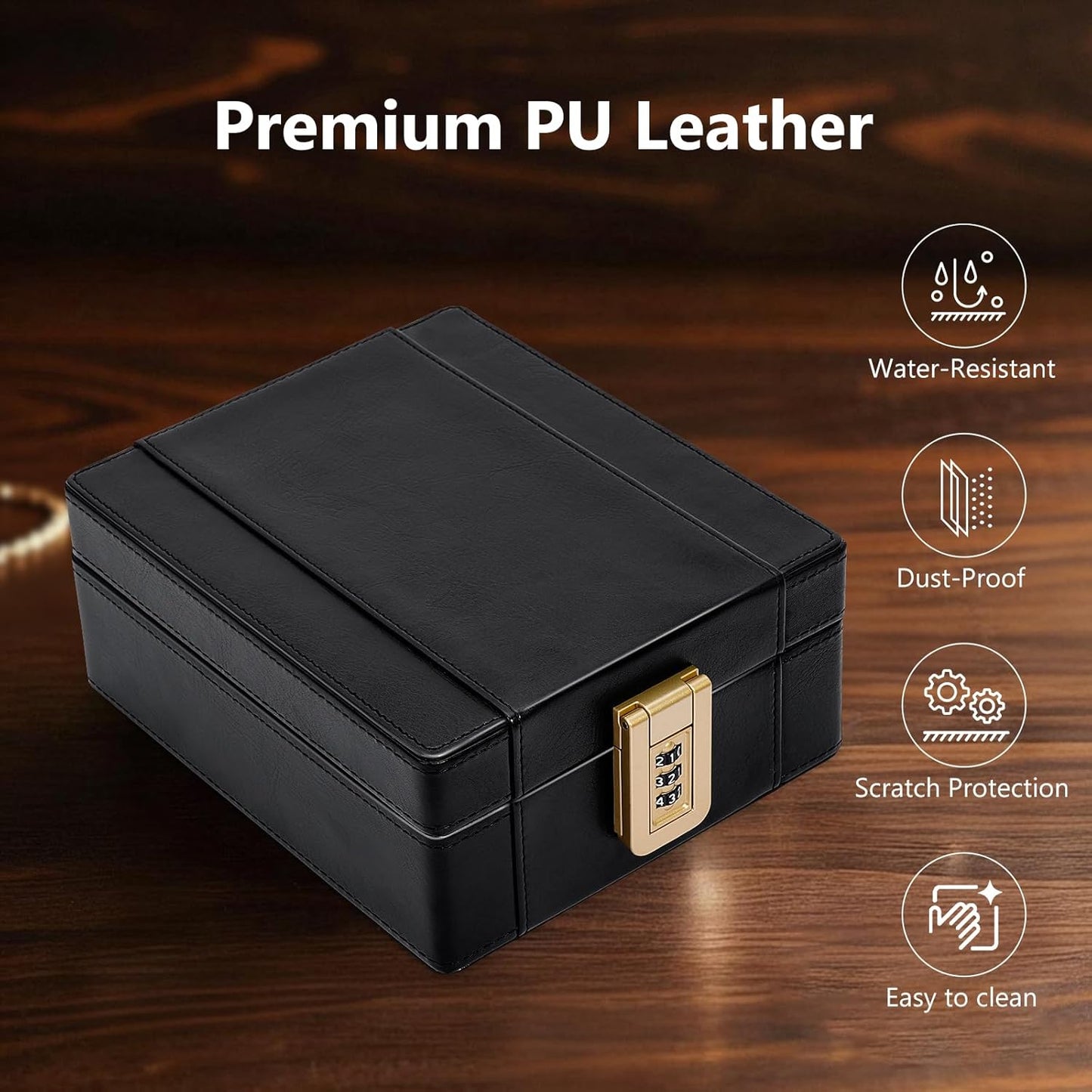 BISON DENIM Watch Box, 4 Watch Travel Case with Combination Lock - PU Leather Men's Watch Storage Box & Jewelry Organizer with Ring Slots & Necklace Hooks, Secure Travel Case, Black