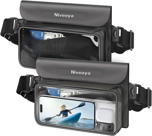 Niveaya IP68 Waterproof Fanny Pack - 2 Pack, Floating Dry Bag Pouch, Phone Waterproof Waist Pouch Dry Bag, Beach, Kayaking, Swimming, Boat Essentials, for iPhone 16/15/14/13/12 Pro Max up to 9.5"