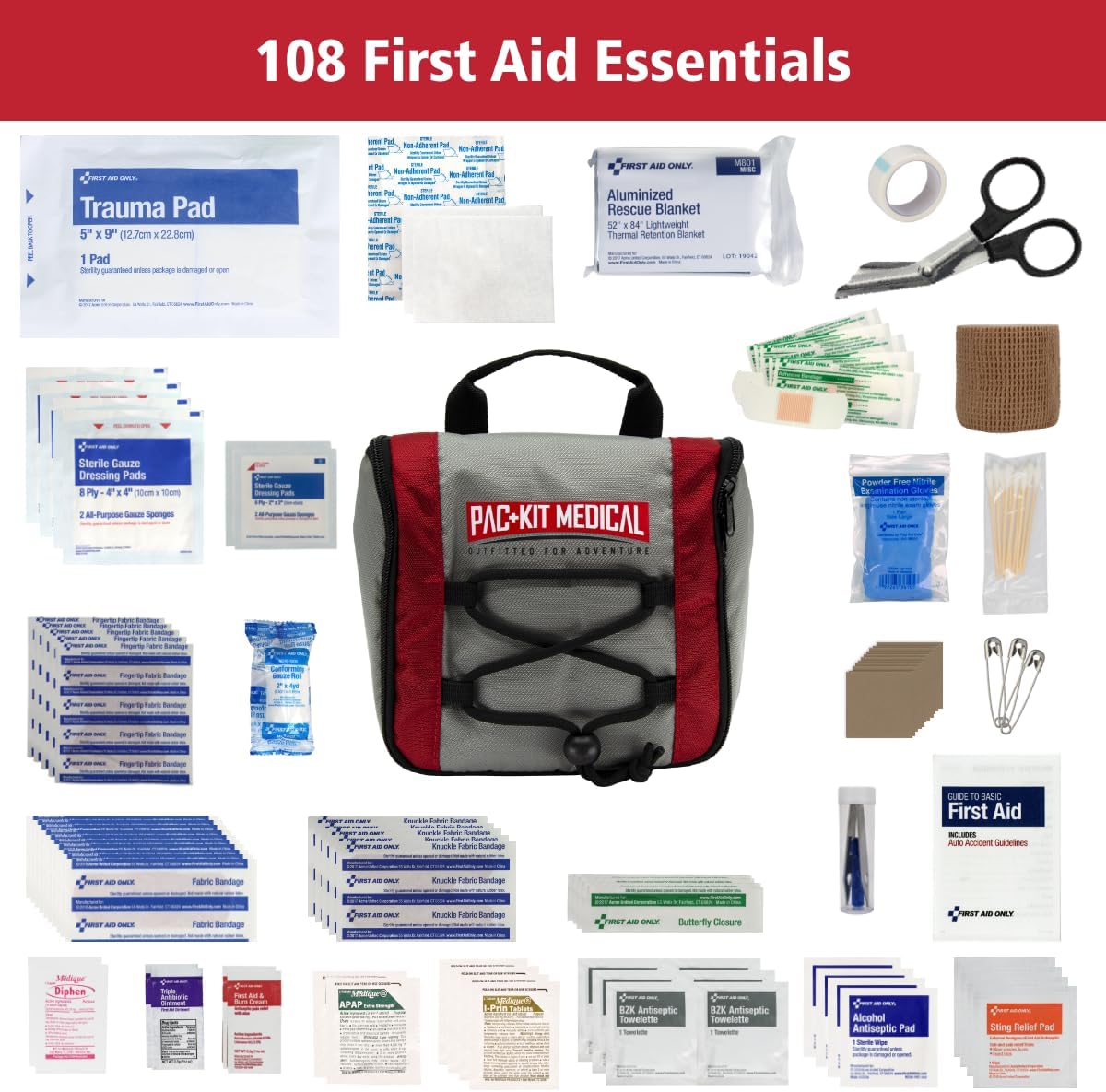 Pac-Kit Trailblazer 3 Outdoor First Aid Kit for Hiking, Camping and Outdoor Travel, 108 Pieces