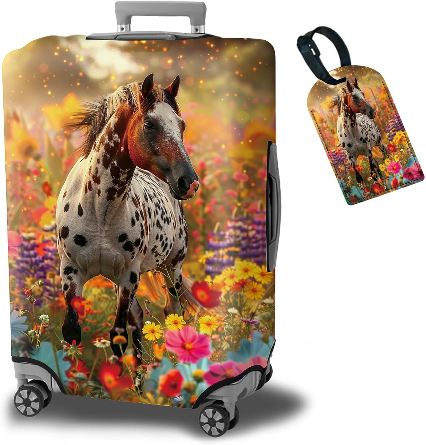 Luggage Cover + Tag, Spotted Horse Garden Travel Suitcase Protector for 24 inch Luggage (M) with Concealed Zipper, Washable Elastic Cloth, Dustproof, Anti-Scratch