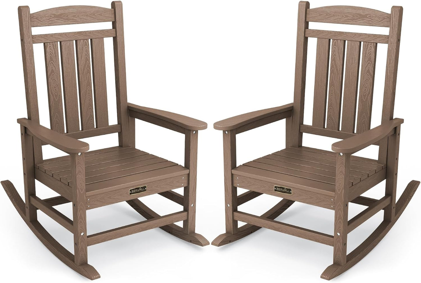 SERWALL Outdoor Rocking Chair Set of 2, HDPE Patio Rocking Chair All-Weather Porch Rocker for Balcony, Yard, Brown