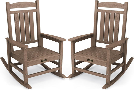 SERWALL Outdoor Rocking Chair Set of 2, HDPE Patio Rocking Chair All-Weather Porch Rocker for Balcony, Yard, Brown