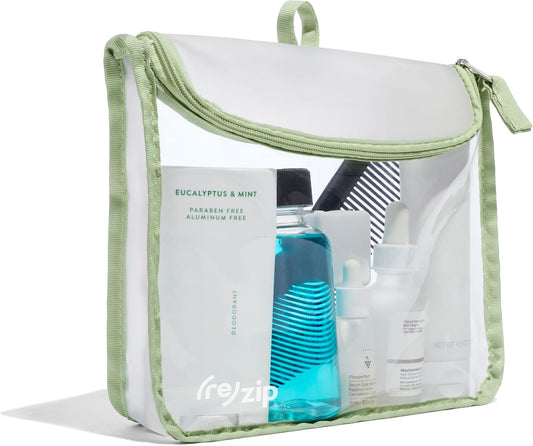 (re)zip Zippered TSA-Compliant Travel Quart Bag | Zippered, Reusable, Storage Bag for Toiletries, Makeup, Suitcase Organization | BPA-Free, Food Grade, Machine Washable (Clear, Sage Piping)