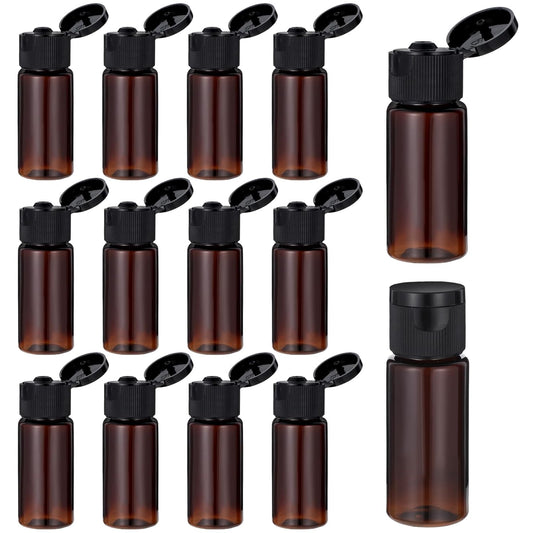 Travel Size Make up Sample Containers, 12 Pieces Plastic Mini Empty Toiletry Bottles 1/2 Oz Leak Proof Liquid Containers with Lids for Travel Liquid Toiletries, Amber