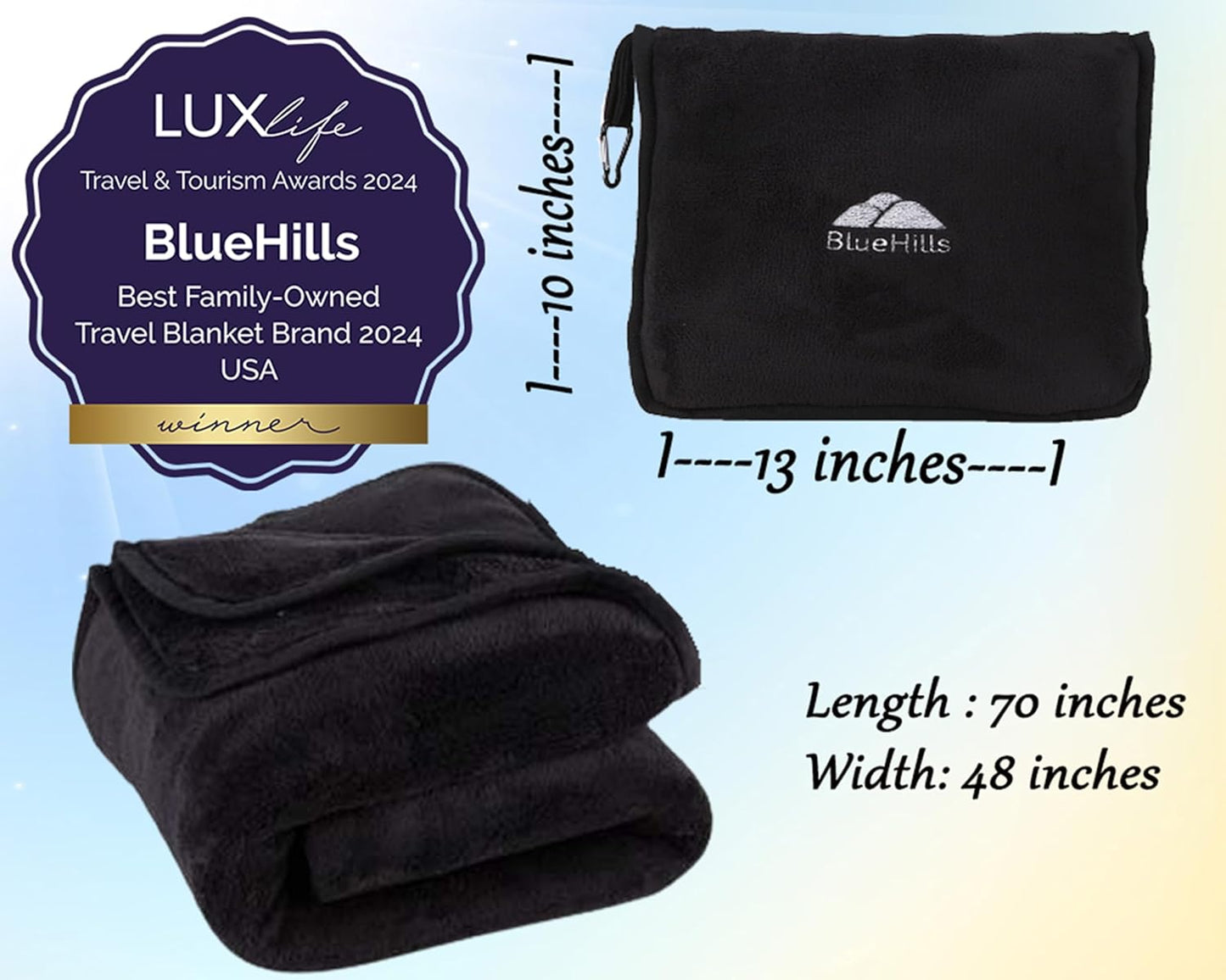 BlueHills Premium Soft Tall Travel Blanket Pillow Airplane Flight Blanket Long Throw in Bag Pillowcase with Backpack Clip Compact Large Long Traveling Essentials Portable Black T054