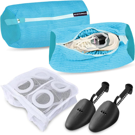 Shoe Cleaning Kit: Shoe Washing Bag (2pcs), Mesh Laundry Bag for Shoe Dryer and Adjustable Shoe Trees (5 pc kit)