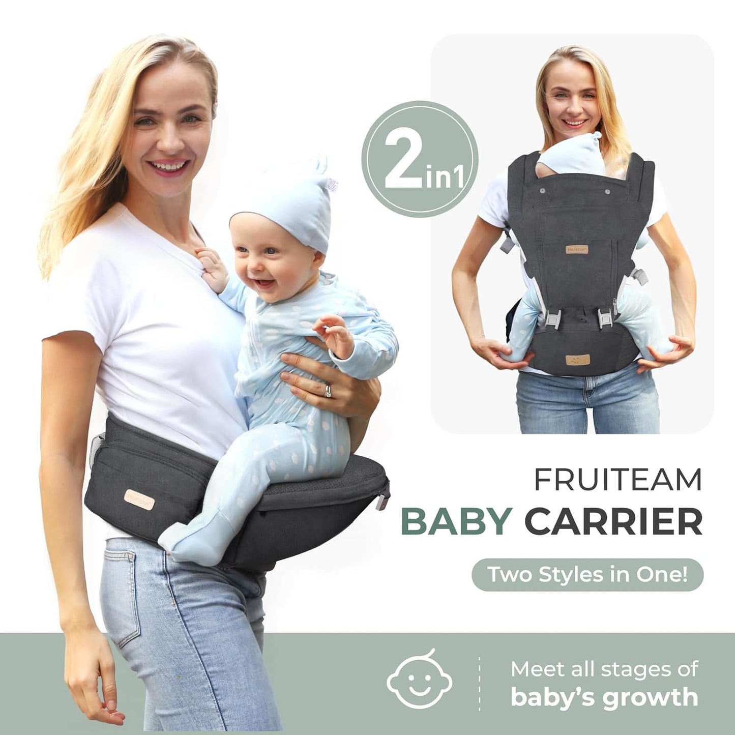 FRUITEAM Baby Carrier Newborn to Toddler, 6-in-1 Ergonomic & Adjustable Baby Carrier with Lumbar Support for All Seasons, Hands-Free, Adapt to Newborn, Infant & Toddler (Grey)
