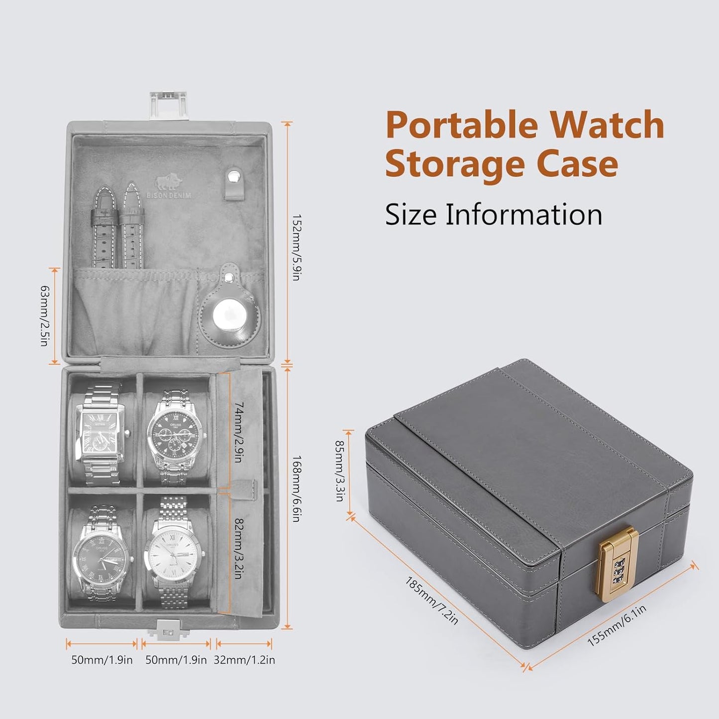 BISON DENIM Watch Box, 4 Watch Travel Case with Combination Lock - PU Leather Men's Watch Storage Box & Jewelry Organizer with Ring Slots & Necklace Hooks, Secure Travel Case, Grey
