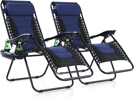 MFSTUDIO Padded Zero Gravity Recliner Chair Set of 2, Folding Patio Lounge Chairs with Adjustable Pillows & Cup Holder for Poolside Backyard, Support 350lbs(Blue)