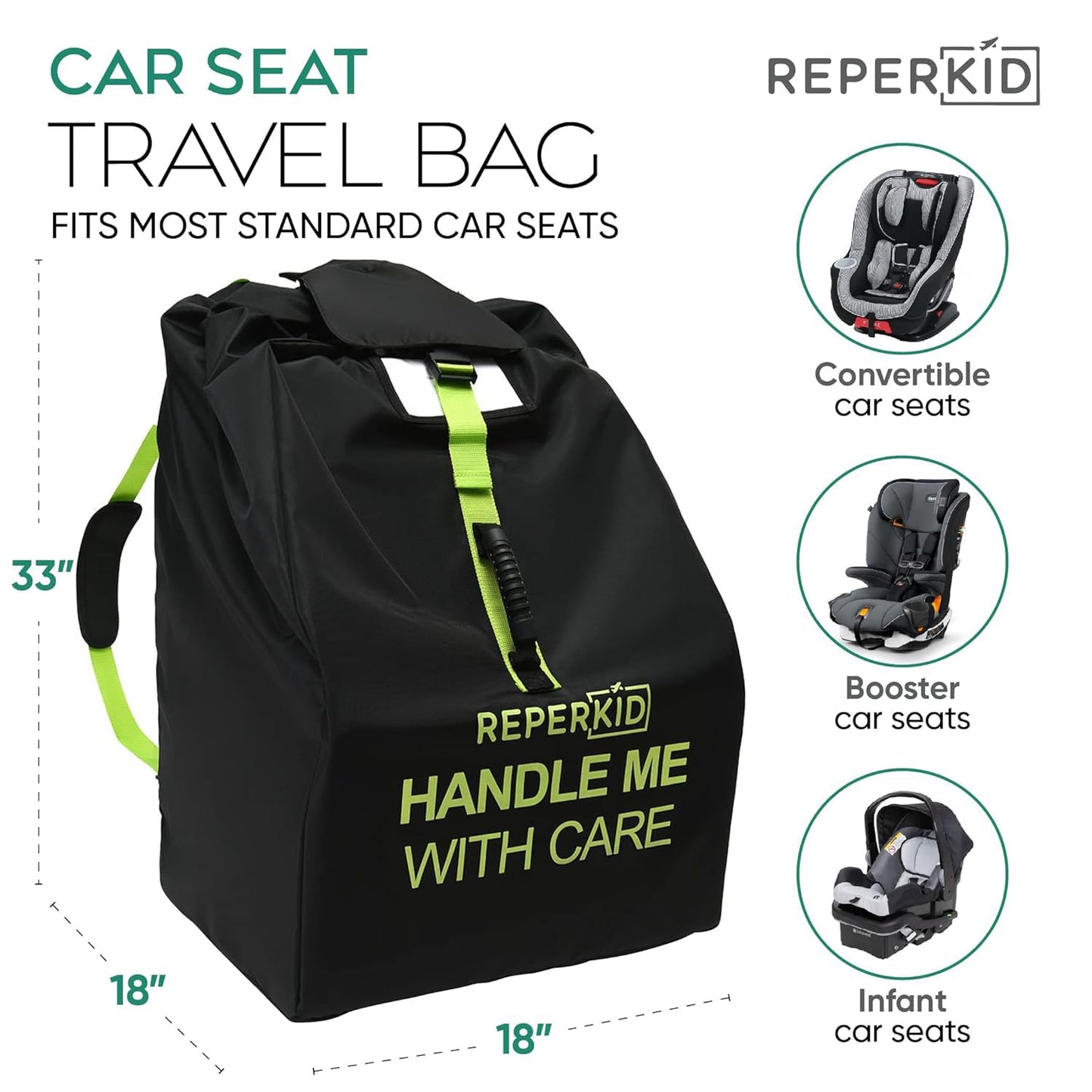 reperkid Car Seat Travel Bag for Airplane, Black and Green, 33" H x 18" W x 18" D, Fits Most Convertible, Booster and Infant Car Seats – Premium Waterproof Cover, Adjustable Shoulder Strap