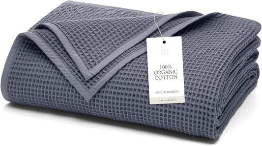 BOLL & BRANCH Waffle Bed Blanket - Full/Queen, Mineral - Luxury 100% Organic Cotton - Soft, Lightweight and Breathable - Textured Waffle Weave Design