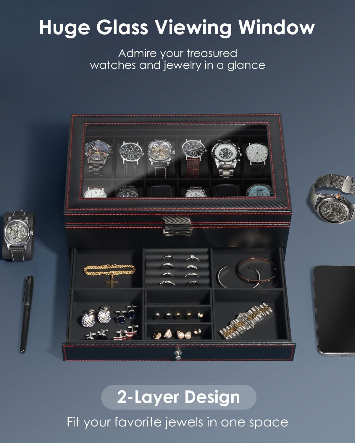 Watch Box Jewelry Organizer, 12-Slot 2-Layer Watch Case Storage with Large Glass Lid, Watch Storage Case for Men with Lock, Watch Holder Display Case, Gift for Men Women