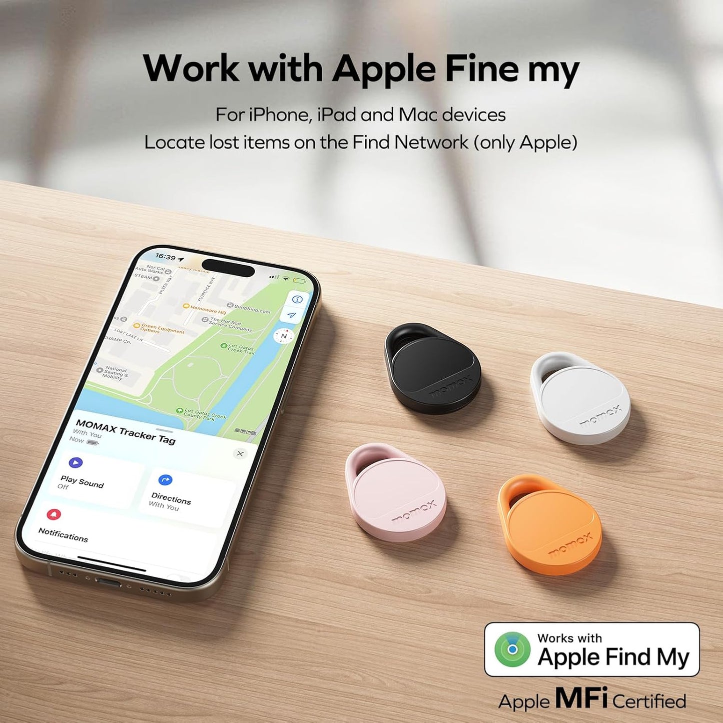 Momax Key Finder Tracker Tag - [Apple MFi Certified] Smart Bluetooth Tracking Device with Find My (iOS Only), Replaceable Battery, DIY Stickers, for Wallets, Luggage, Suitcases, Backpacks, 4 Pack