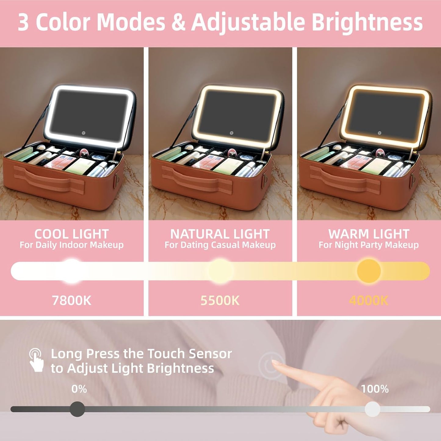 15"×11" Large Pink Makeup Bag with Mirror, Personal Item Travel Bag with Makeup Mirror 3 Lights, Waterproof Train Case with Mirror and Adjustable Dividers,Professional Lighted Makeup Case