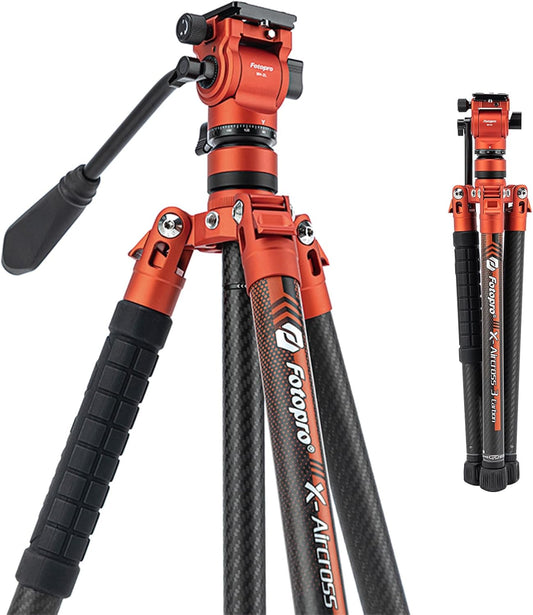 Fotopro Carbon Fiber Tripod 2.3lbs Ultralight 62 Inch Portable Travel Video Tripod for Camera DSLR Load up to 22lbs X-Aircross 3 Video Orange