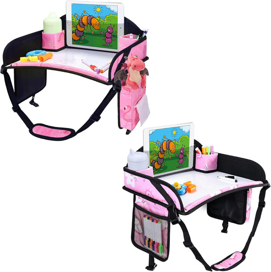 2PCS Kids Travel Tray, Car Seat Tray for kids Travel, Toddler Road Trip Essentials With Drawing Kit, Toddler Lap Desk Organizer for Car, Carseat Table for Airplane