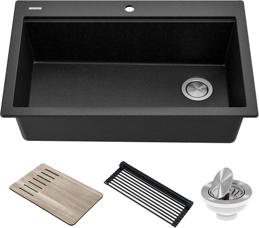 KRAUS Bellucci Workstation 33" Single Bowl Granite Kitchen Sink in Metallic Black w/Accessories, KGTW2-33MBL, Includes Dish Drainer/Dish Drying Rack