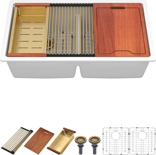 33 Inch Classic White Undermount Granite Composite Kitchen Sink Under Counter Quartz Single Bowl Sink Workstation Sinks with Accessories Quick Drain Noise Reduction Home Renovation Gold Accessories