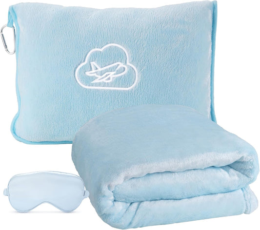 Travel Blanket, 3-in-1 Ultra-Soft, Warm & Lightweight Travel Blanket Airplane with Bag, 65x40 in, Airplane Travel Essentials for Women, Men & Kids with Eye Mask, Luggage Sleeve & Backpack Clip