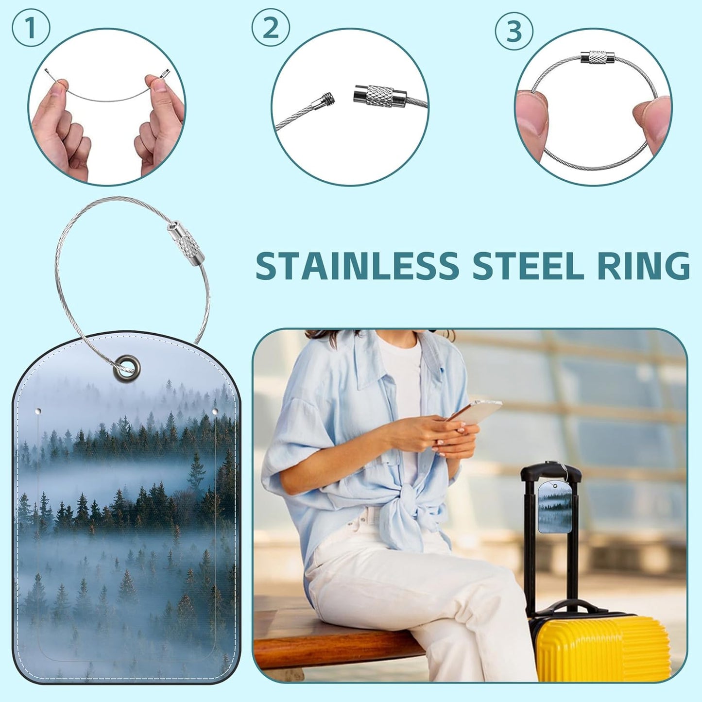 Misty Forest Luggage Tag for Suitcase Set of 2 PU Leather Cute Luggage Tags with Stainless Metal Loop ID Label Privacy Flap Suitcase Tags for Women and Men Travel