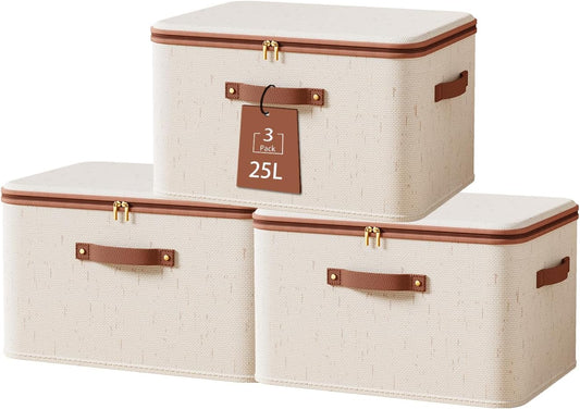 Tuza 3 Pcs Rigid Storage Bins with Zipper Lid, Cotton Linen Fabric Storage Boxes, Foldable Shelves Clothes Storage Cubes with Handles for Wardrobe, Closet(Beige, 25L)