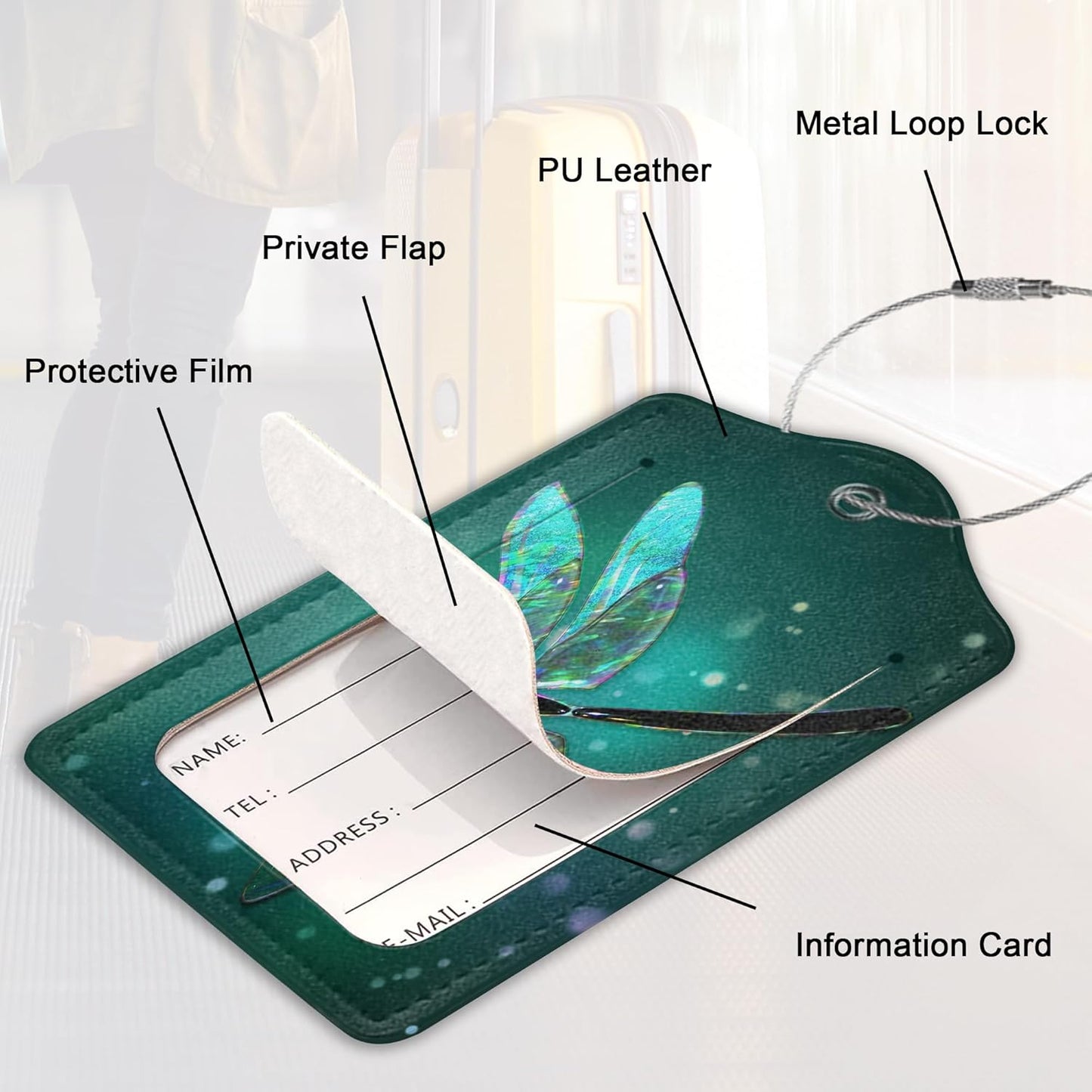 2 Pack Luggage Tag for Suitcase, Dragonfly Leather Suitcase Tags Identifiers with Privacy Name Address Labels & Durable Steel Loop for Women/Men Travel Fantasy Green Dragonfly