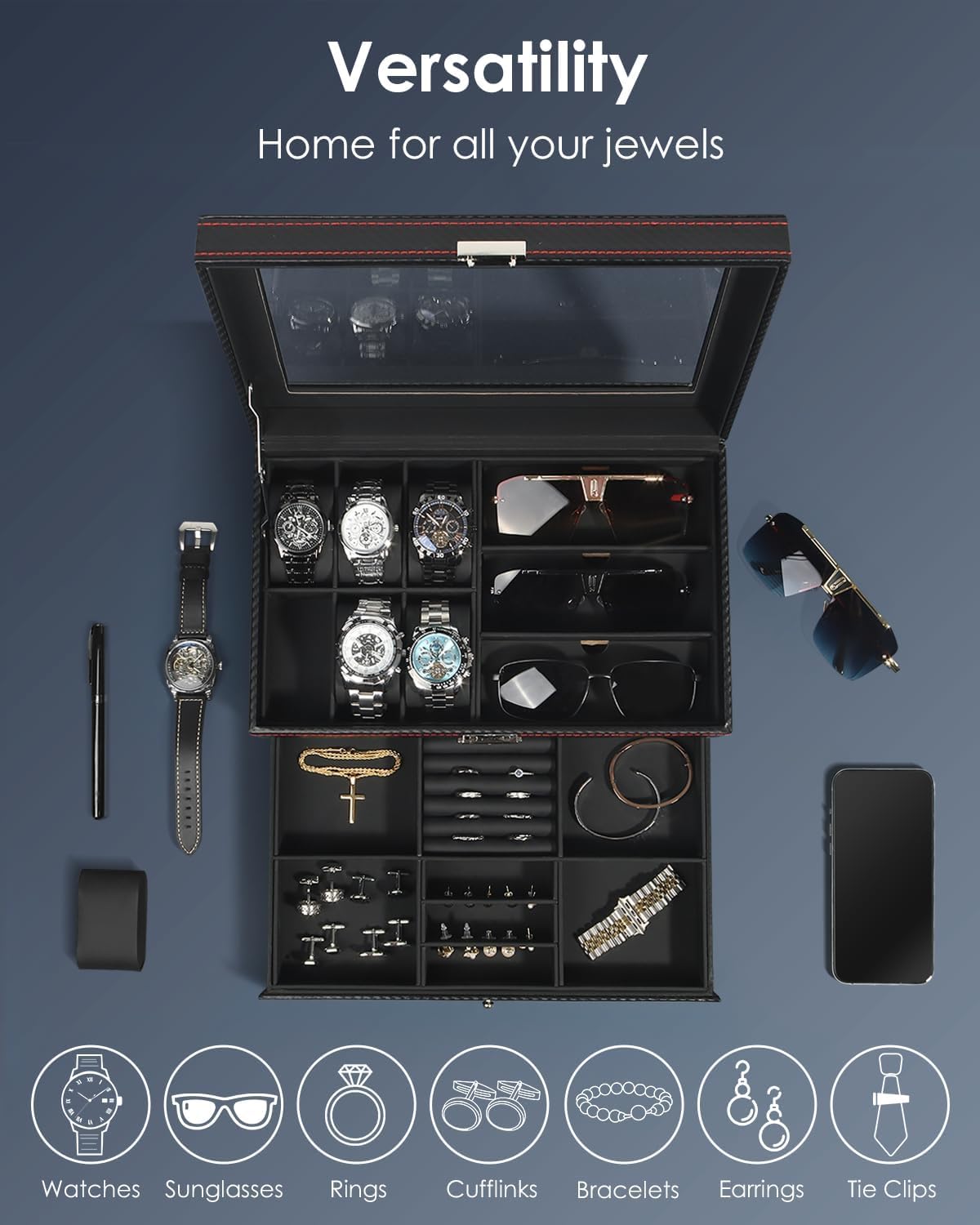 Watch Jewelry Box Organizer, 6-Slot 2-Layer Watch Case and Sunglasses Storage with Large Glass Lid, Men's Jewelry Box with Lock, Watch Holder Display Case, Gift for Men Women