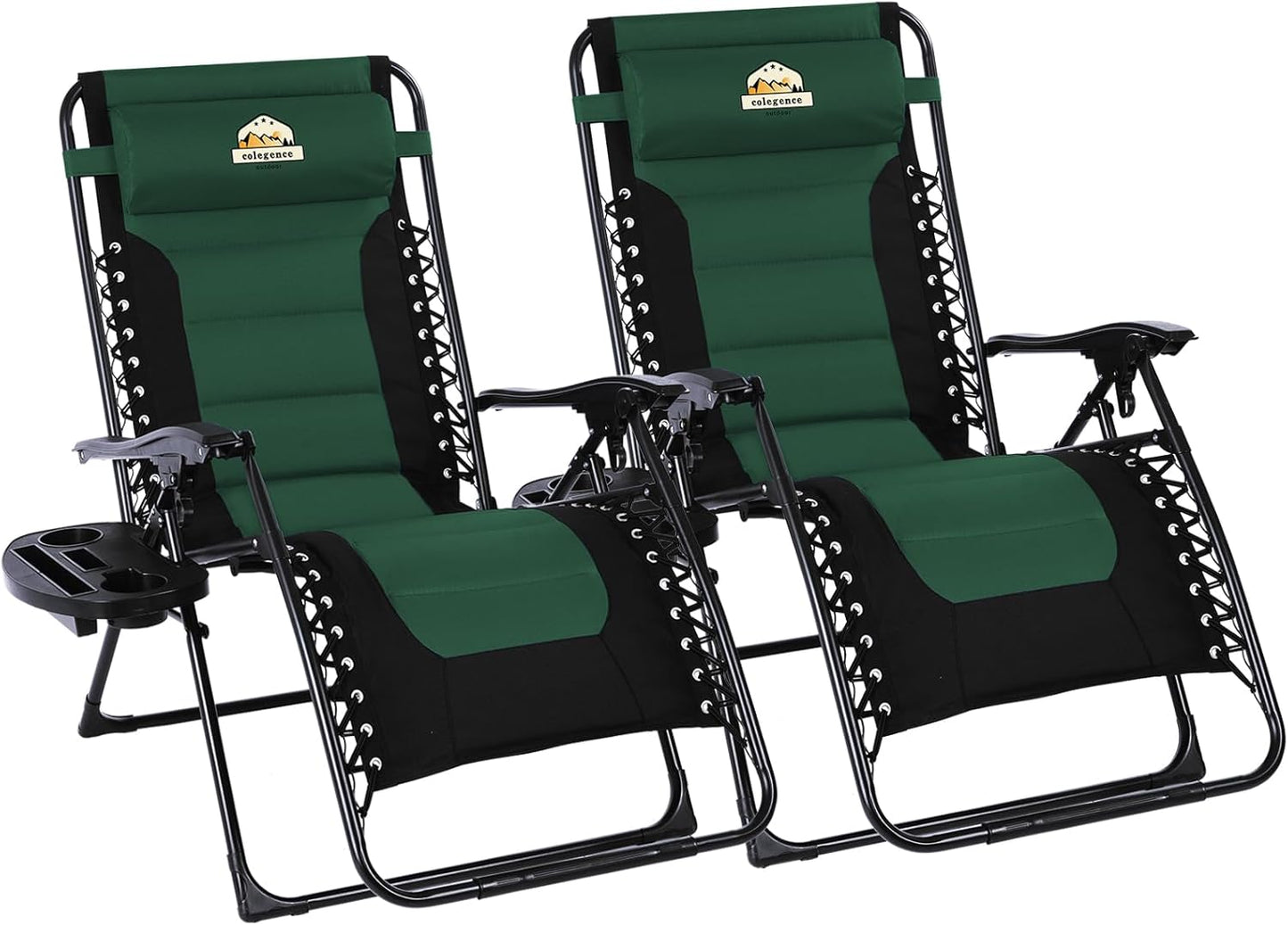 Oversized Padded Zero Gravity Lounge Chair Set of 2, Foldable Patio Anti Gravity Reclining Chairs Folding Lawn Recliner with Cup Holder for Yard, Camping, Outdoor, Support 350 LBS, Green