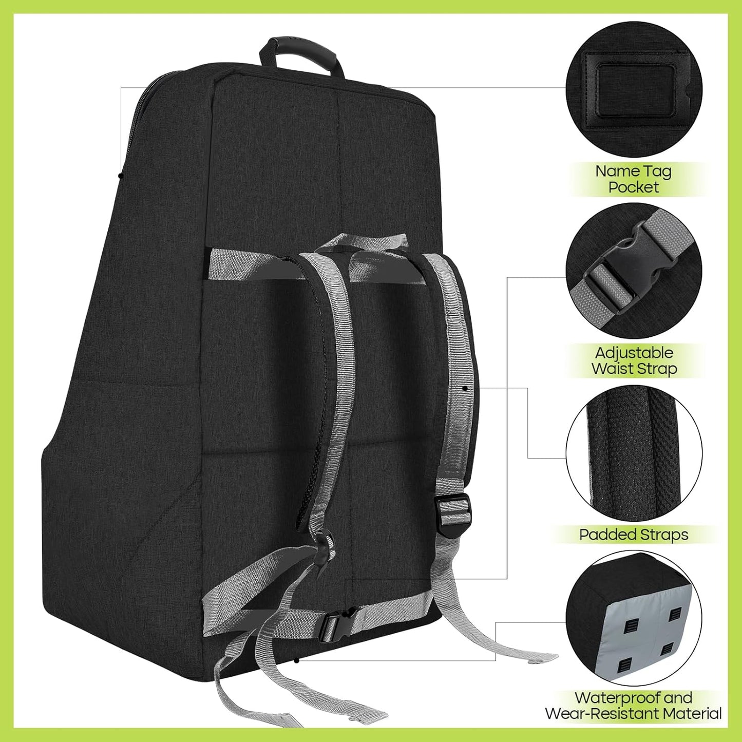 Padded Car Seat Travel Bag for Airplane, Heavy Duty Backpack for Air Travel, Water-Resistant Carrier with Shoulder Strap, Fits Most Car Seats (Black)