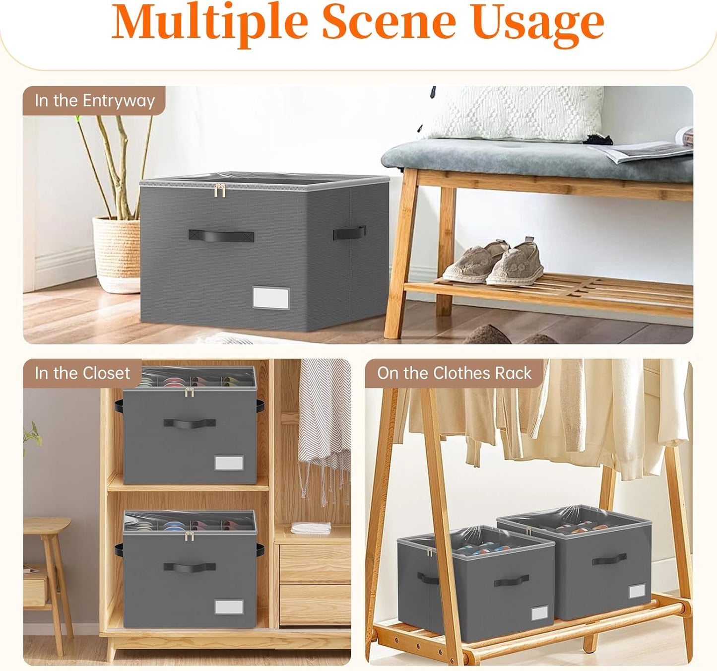 Shoe Organizer for Closet, 2 Pack Foldable Shoe Storage Containers, Fits up 16-32 Pairs, Shoe Storage Organizer Box Cubby Baskets Bins with Clear Cover and Reinforced Handles, Gray